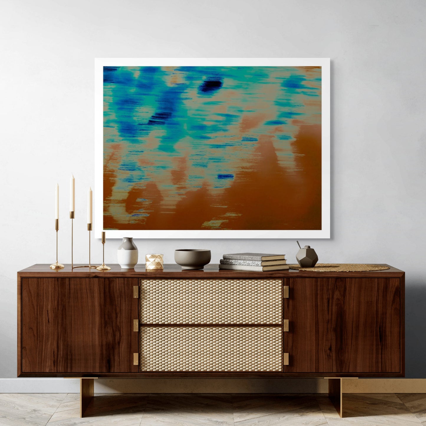 Xtra POP Set - Global Roaming - Oceanic Markings - Coral Sea - 140059v11 - Room View, Abstract coastal artwork with teal, rust, and indigo brushstroke textures evoking water reflections. Limited edition fine art print.