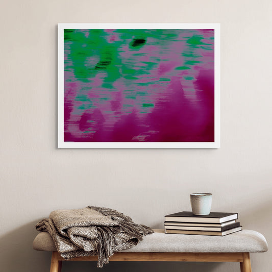 Xtra POP Set - Global Roaming - Oceanic Markings - Coral Sea - 140059v12 - Room View, Abstract ocean-inspired artwork with vibrant magenta and green textural brushstrokes. Limited edition fine art print.