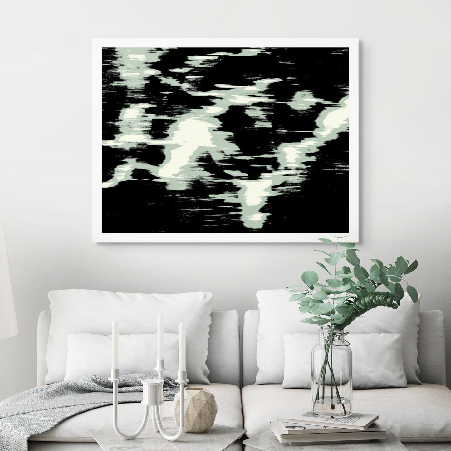 Xtra POP Set - Global Roaming - Oceanic Markings - Coral Sea - 140066v38 - Room View, Abstract artwork with pale green and black high-contrast patterns suggesting sonar or phosphorescent ocean trails. Limited edition.