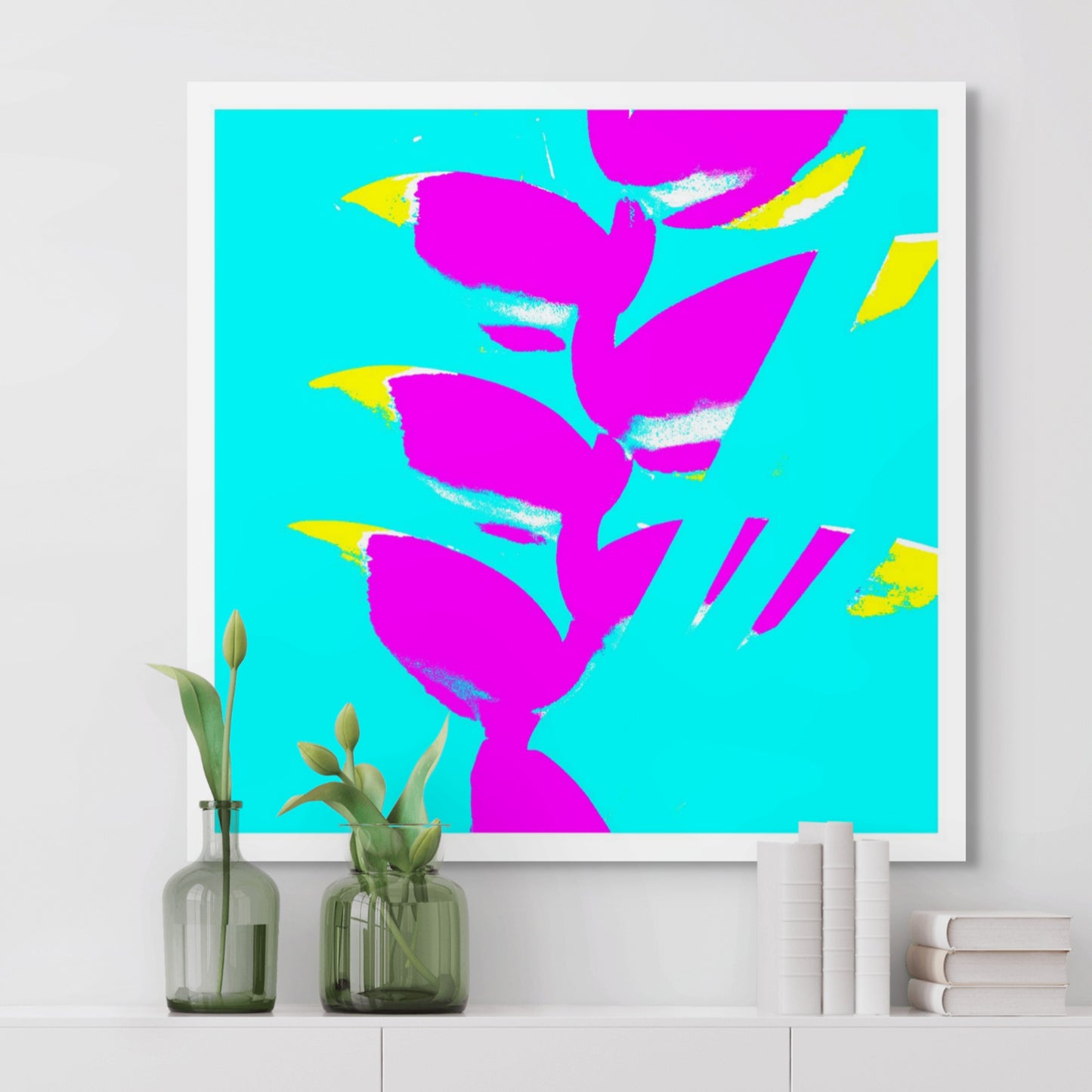 Xtra POP Set - Heliconia - 185791v45a - Room View, Bright magenta heliconia flowers with yellow accents pop against a turquoise background in a vibrant Pop Art composition.
