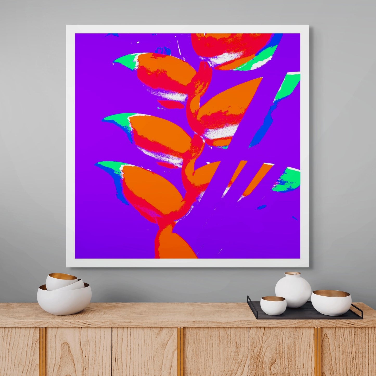 Xtra POP Set - Heliconia - 185791v49a - Room View, Bright orange heliconia flowers with green and blue tips on a vivid purple background, rendered in a psychedelic Pop Art palette.