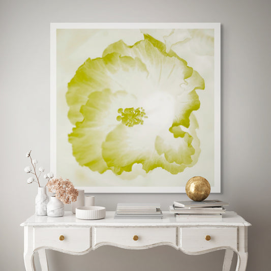 Hibiscus No.1 - 182076v101a - Room View, Pale lime and white hibiscus artwork in soft pastel tones with light Pop Art styling.