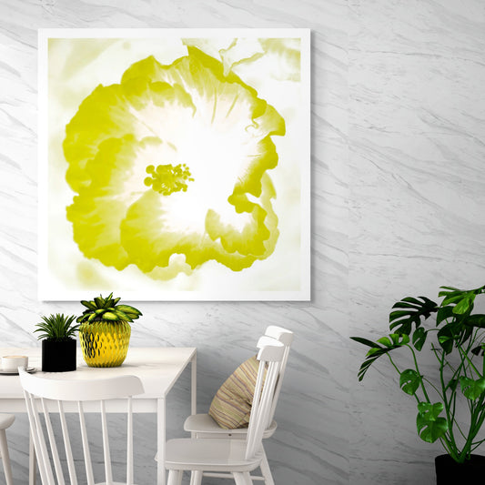 Hibiscus No.1 - 182076v101b - Room View, Bright yellow hibiscus flower artwork with soft glowing centre and vibrant Pop Art styling.
