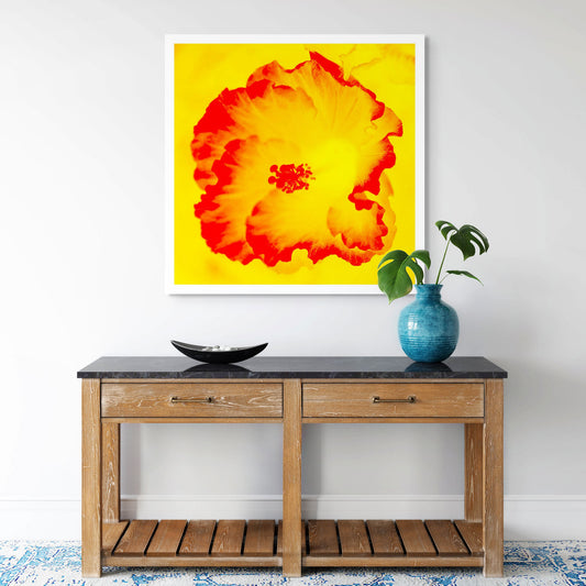 Hibiscus No.2 - 182076v201c - Room View, A vivid yellow and red hibiscus flower rendered in a bold Pop Art style, glowing with radiant warmth and contrast.