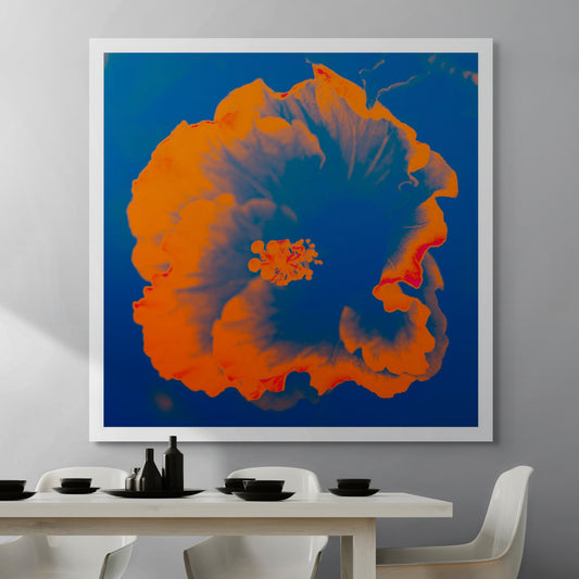 Hibiscus No.2 - 182076v201d - Room View, A bright orange hibiscus flower pops vividly against a saturated blue background in this bold Pop Art reimagining.