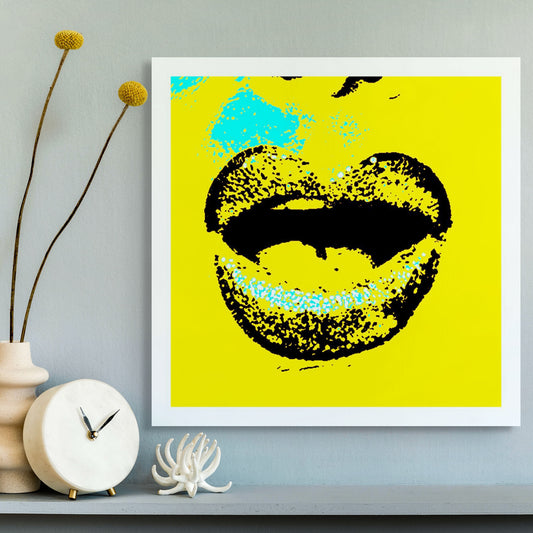 Xtra POP Set - Lips - Lipsync Glitter - 199593v911 - Room View, Yellow background with black lips and aqua glitter, limited edition fine art print.