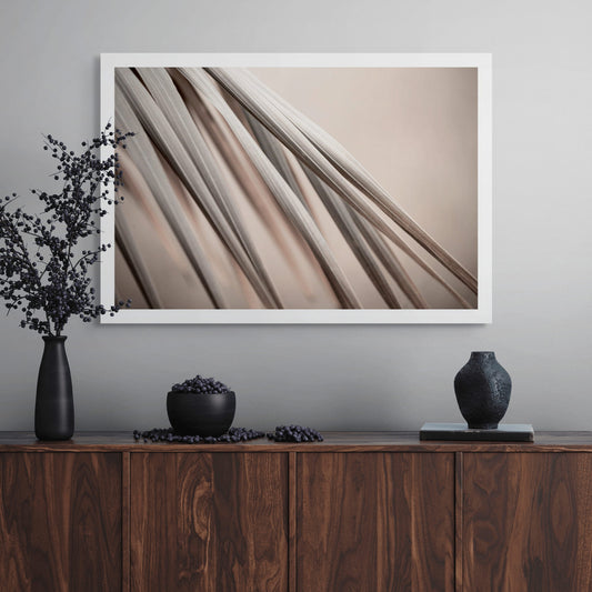 Xtra POP Set - Palm Frond - 190151av21 - Room View, Palm frond artwork in warm beige and stone tones with elegant diagonal lines, evoking calm, earthiness, and subtle sophistication.