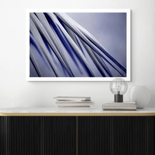 Xtra POP Set - Palm Frond - 190151av26 - Room View, Abstract palm frond artwork in slate grey and deep cobalt blue, with crisp diagonal lines and bold shadowed movement.