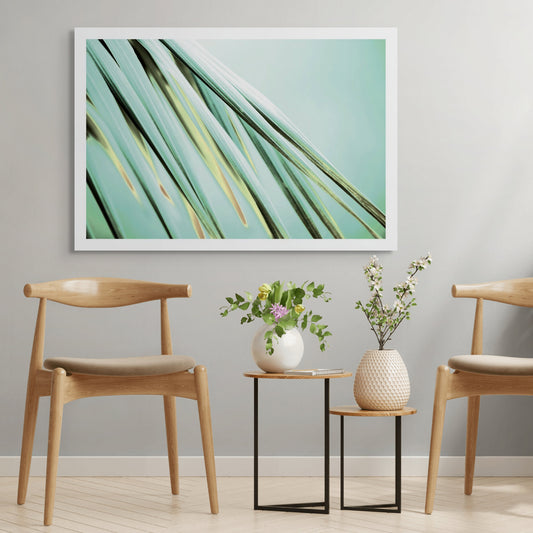 Xtra POP Set - Palm Frond - 190151bv29 - Room View, Diagonal palm fronds in soft teal and citrus tones against a pale green background, evoking crisp elegance and botanical calm.