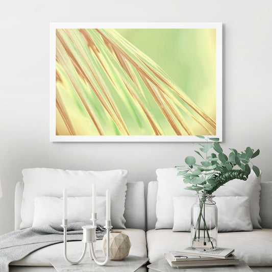 Xtra POP Set - Palm Frond - 190151bv35 - Room View, Abstract palm frond artwork with soft golden and green hues, radiating a fresh, sunlit calm with elegant linear flow.