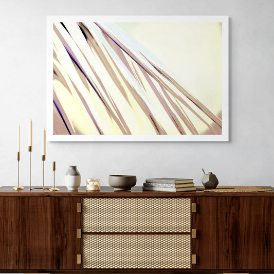 Xtra POP Set - Palm Frond - 190151bv46 - Room View, Abstracted palm frond artwork in soft gold, ivory, and violet hues, with elongated lines evoking gentle movement and a modern, dreamy aesthetic.