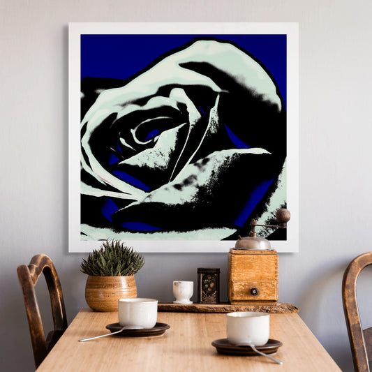 Xtra POP Set - Rose - 253980v10 - Room View, Stylised pale rose with black shadows on a deep blue background, limited edition fine art print.