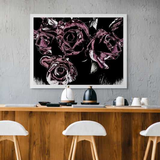 Xtra POP Set - Roses - Vase - 153339v25 - Room View, Deep magenta roses in a vase set against a dramatic black background, limited edition fine art print.