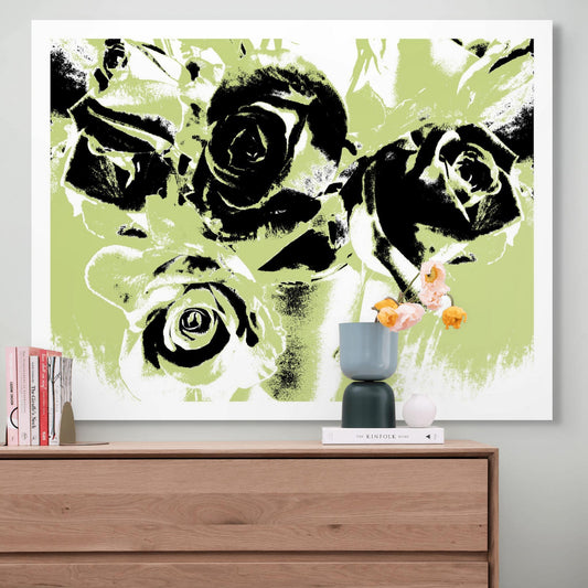 Xtra POP Set - Roses - Vase - 153339v52 - Room View, Stylised lime green and black roses in a vase with bold contrast, limited edition fine art print.