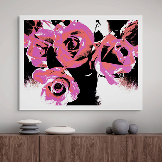 Xtra POP Set - Roses - Vase - 153339v53 - Room View, Vibrant pink and red stylised roses in a black and white vase composition, limited edition fine art print.