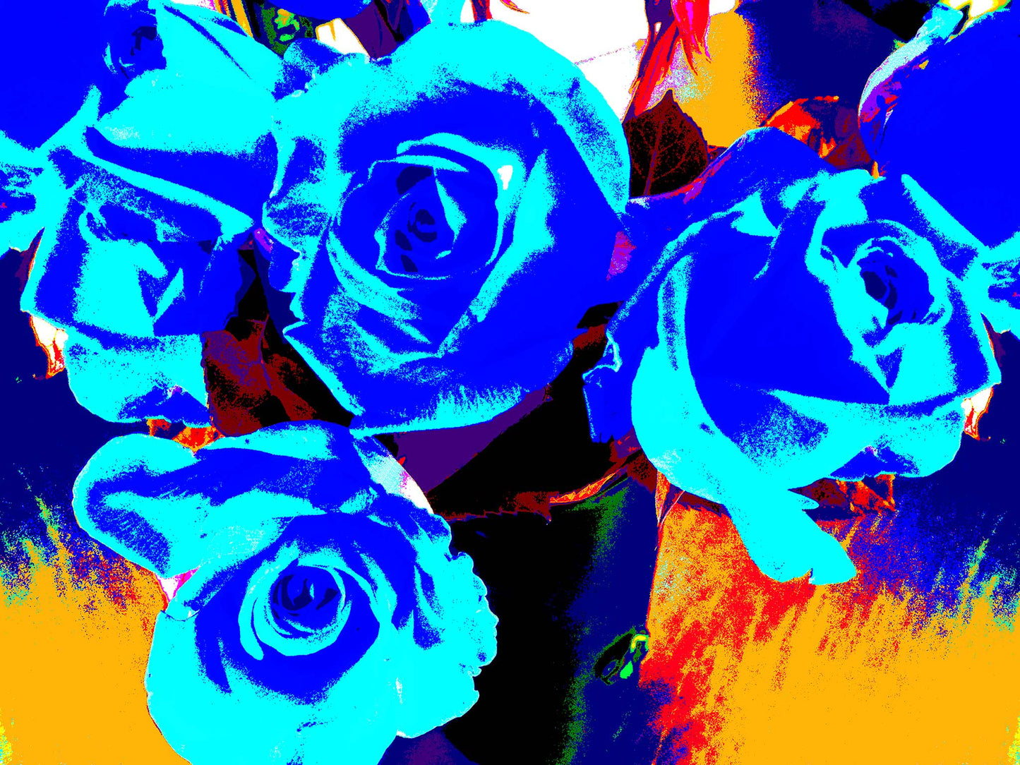 Xtra POP Set - Roses - Vase - 153339v65 - 90x67.5cm, Bold blue roses against a vivid yellow, red, and blue background, limited edition fine art print.