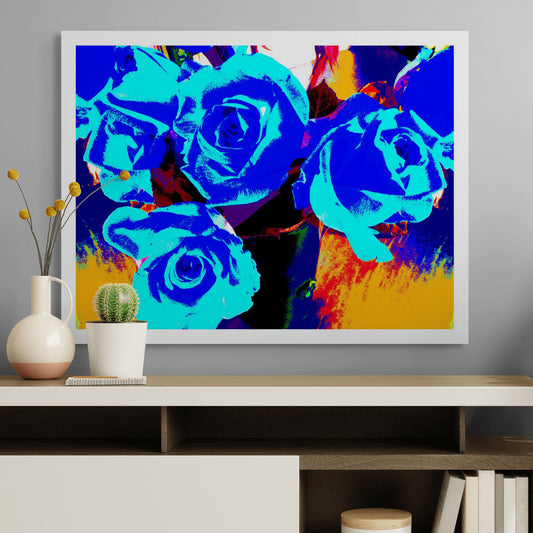 Xtra POP Set - Roses - Vase - 153339v65 - Room View, Bold blue roses against a vivid yellow, red, and blue background, limited edition fine art print.