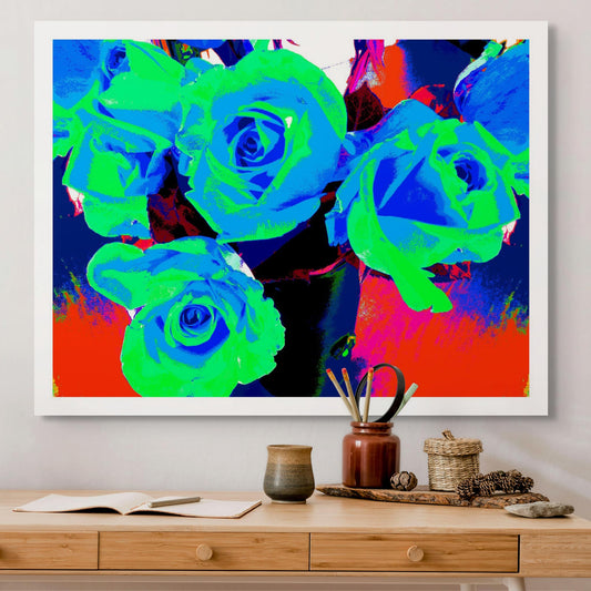 Xtra POP Set - Roses - Vase - 153339v66 - Room View, Neon blue and green roses with vivid red, pink, and blue background, limited edition fine art print.