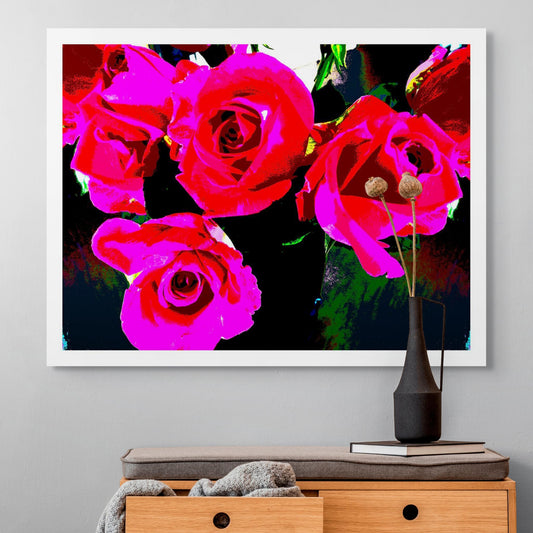 Xtra POP Set - Roses - Vase - 153339v68 - Room View, Bright red and hot pink roses with dramatic dark background, limited edition fine art print.