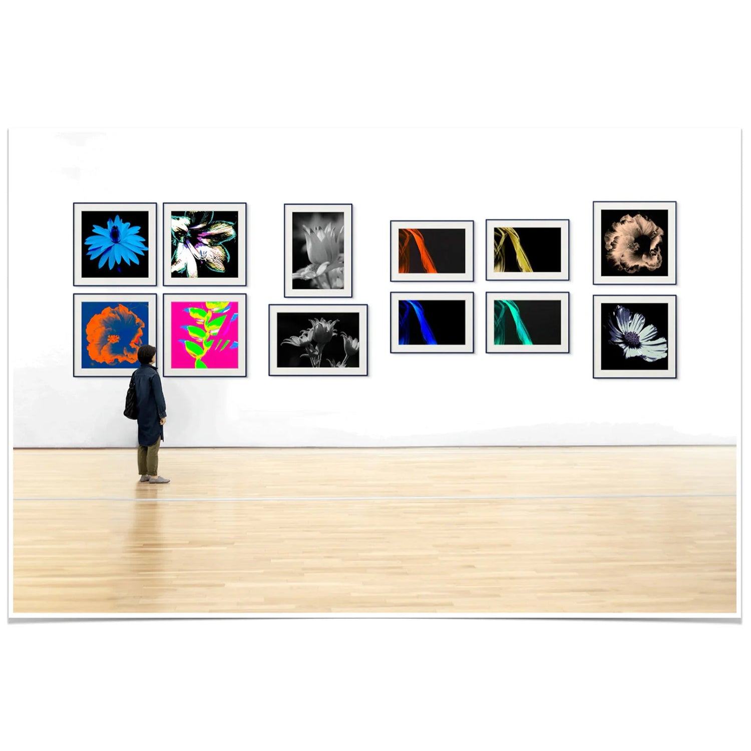 ART1 artwork highlights, gallery wall display of multiple framed fine art photographs by Raymond Mather, curated exhibition-style arrangement in minimalist white space