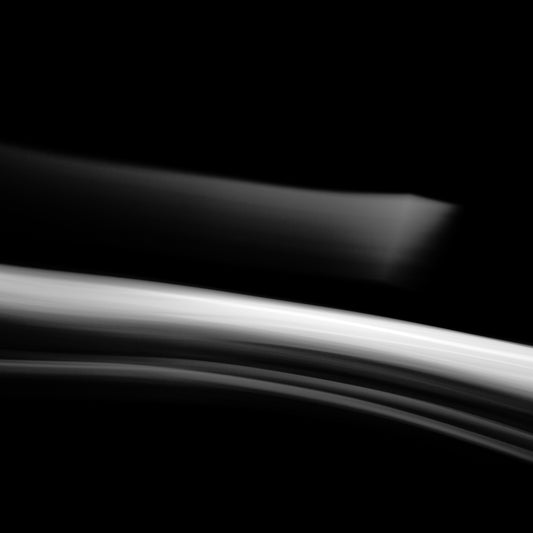 Dancing into the Light 7883v3 - Close Detail View, abstract black and white light drawing with soft flowing motion, fine art limited edition print by Raymond Mather, ART1.