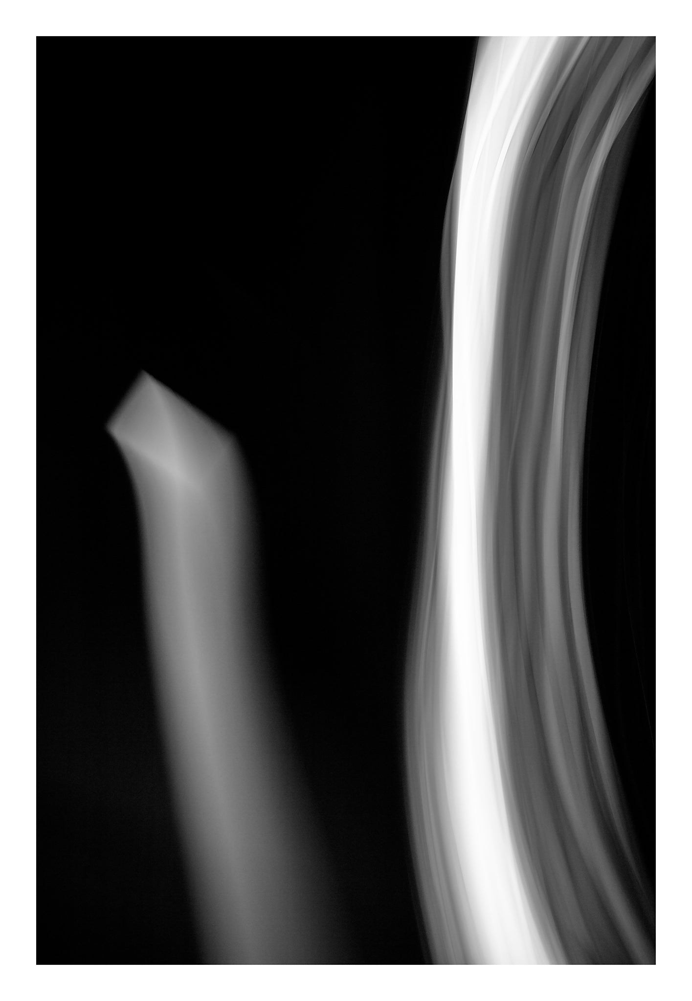 Dancing into the Light 7884v3 - 74x104cm, black and white minimalist light drawing expressing movement, limited edition fine art print by Raymond Mather, ART1 collection.