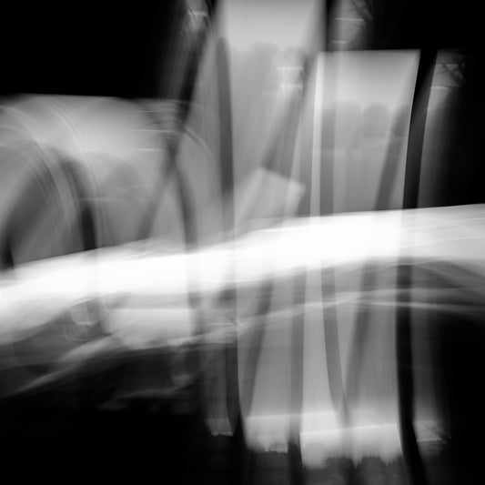 Dancing into the Light 7887v3 - Close Detail View, abstract black and white light drawing evoking quiet motion, limited edition fine art print by Raymond Mather, ART1.