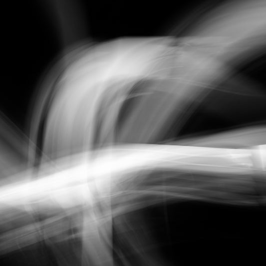 Dancing into the Light 7889v3 - Close Detail View, fine art black and white print of luminous light trails in motion, limited edition by Raymond Mather, ART1.