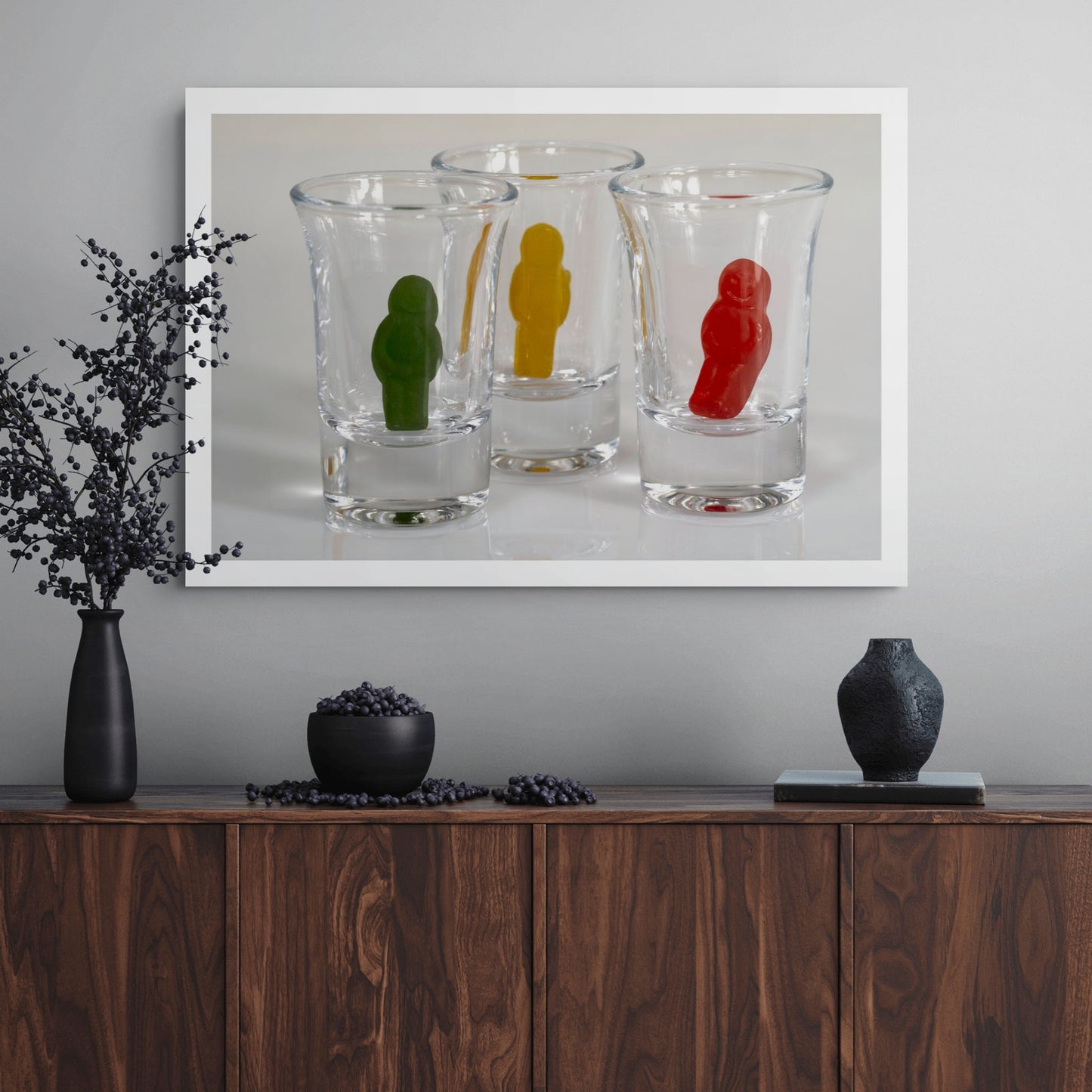 Bottoms Up - 266721v1 by Raymond Mather displayed as a large landscape photographic artwork above a dark timber sideboard.