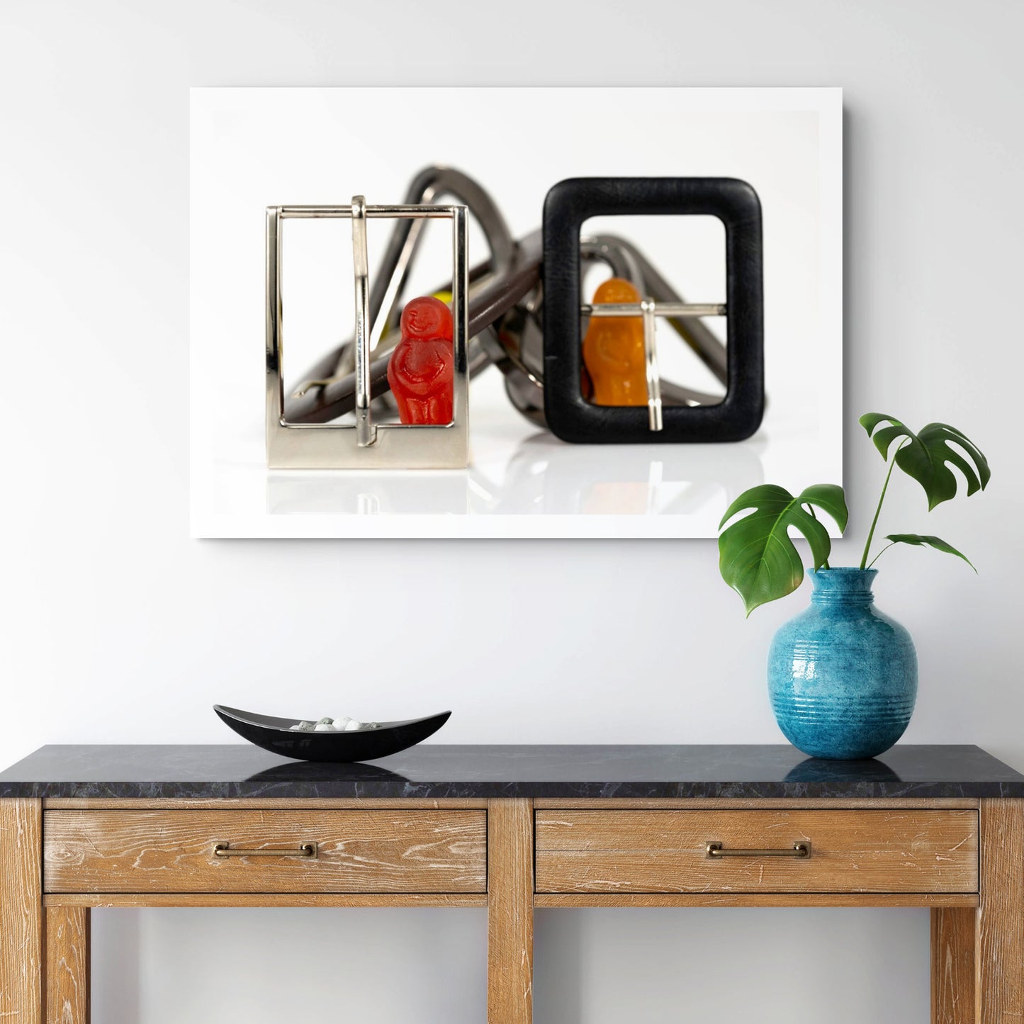 Buckle Up - 266946v1 by Raymond Mather displayed as a large landscape photographic artwork above a timber console in a contemporary interior.