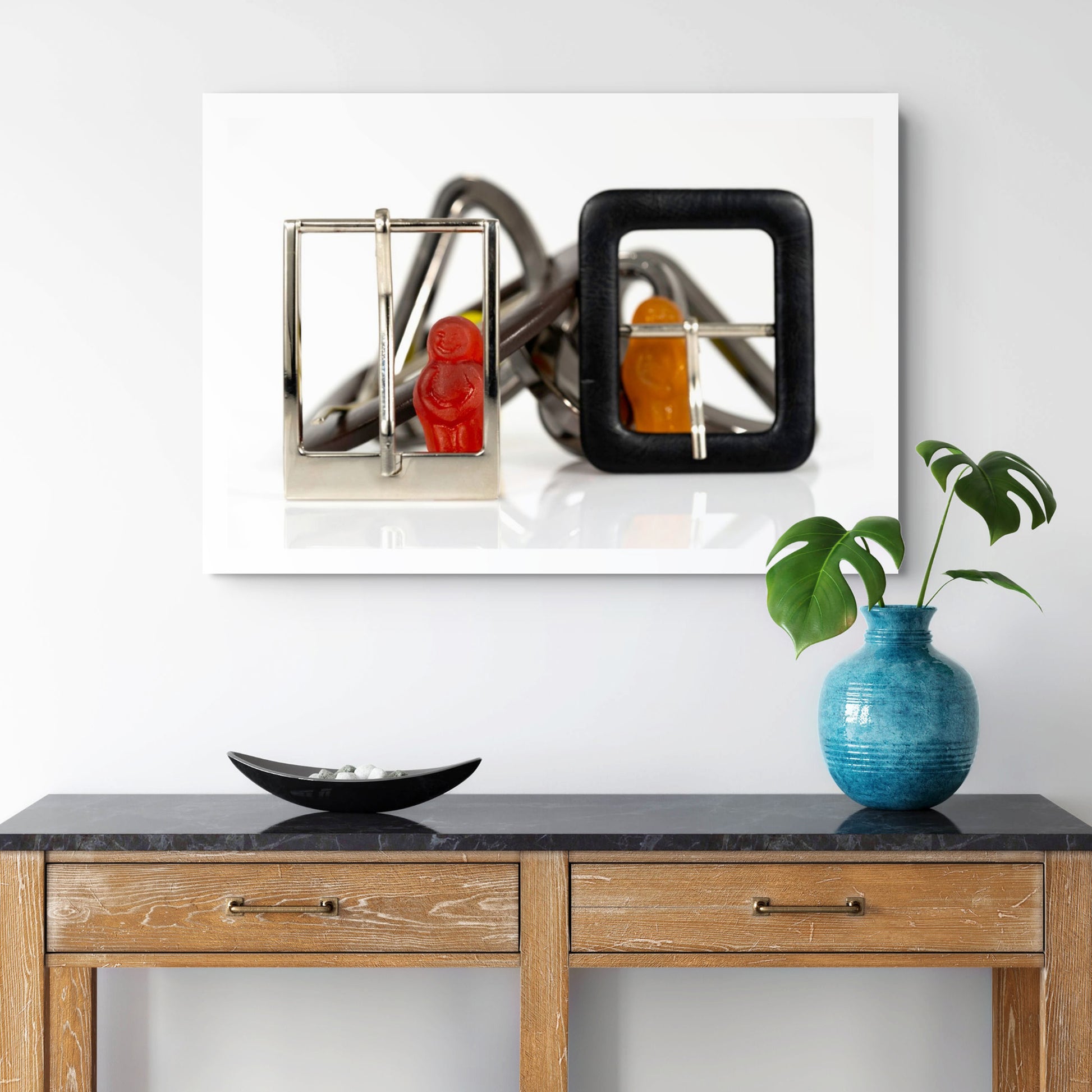 Buckle Up - 266946v1 by Raymond Mather displayed as a large landscape photographic artwork above a timber console in a contemporary interior.