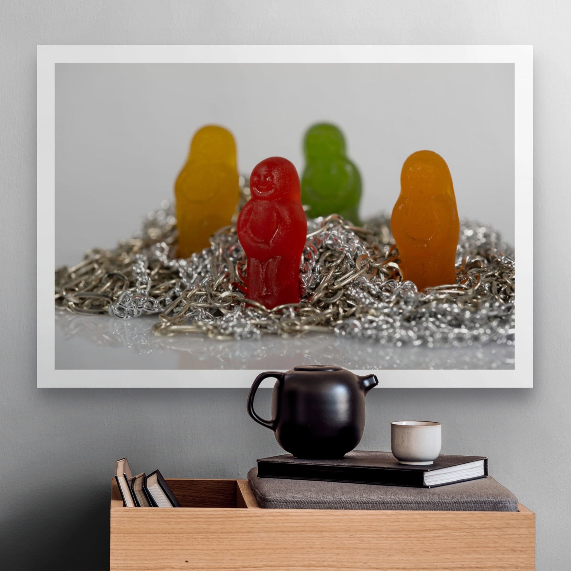 Chain Reaction - 266924v1 by Raymond Mather displayed as a large landscape photographic artwork above a timber cabinet in a contemporary interior.