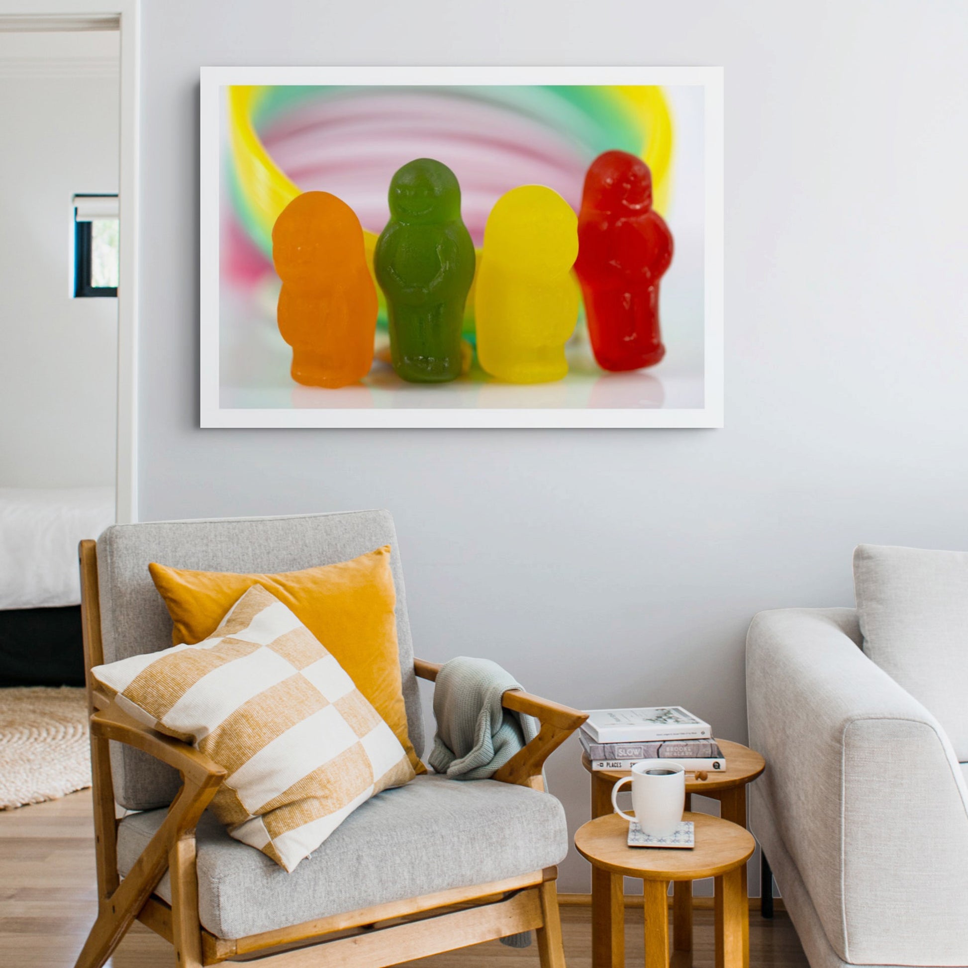 Circle of Friends - 267078v1 displayed as a large landscape photographic artwork in a contemporary living room above a timber armchair.