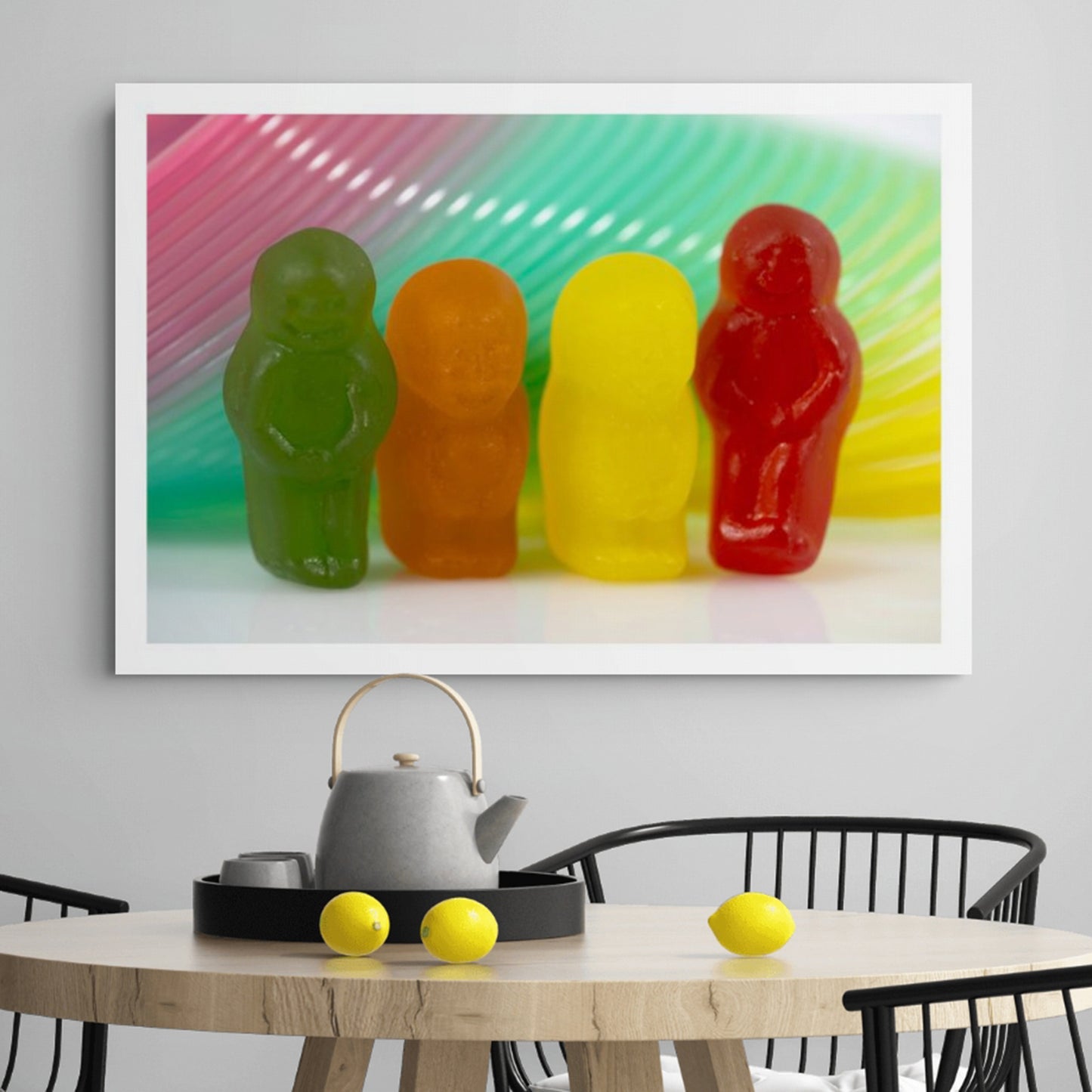 Colourful Friends - 267074v1 displayed as a large landscape photographic artwork above a dining table in a contemporary interior.