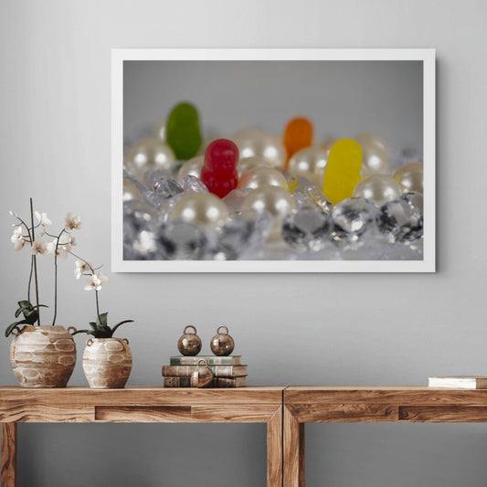 Diamond and Pearls - 266598v1 displayed as a large horizontal photographic artwork above a timber console in a contemporary interior.