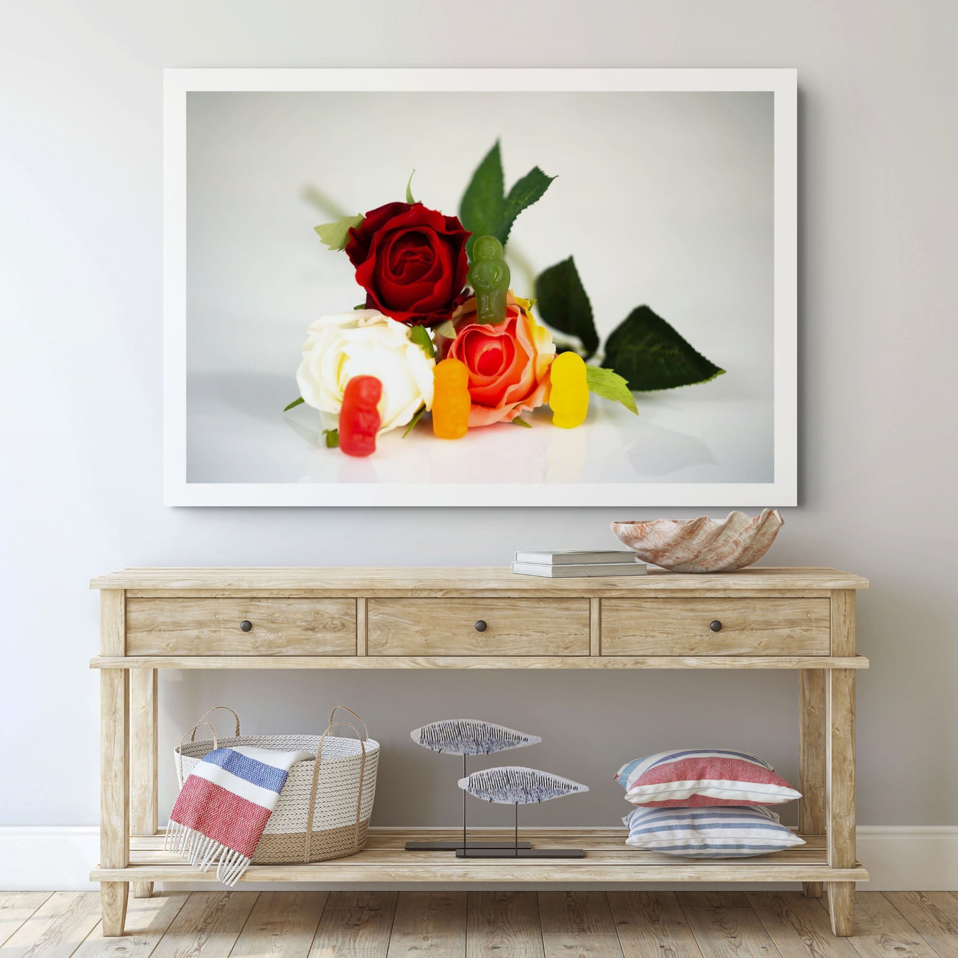 Everything’s Coming Up Roses - 266382v1 displayed as a large horizontal photographic artwork above a pale timber console in a contemporary interior.