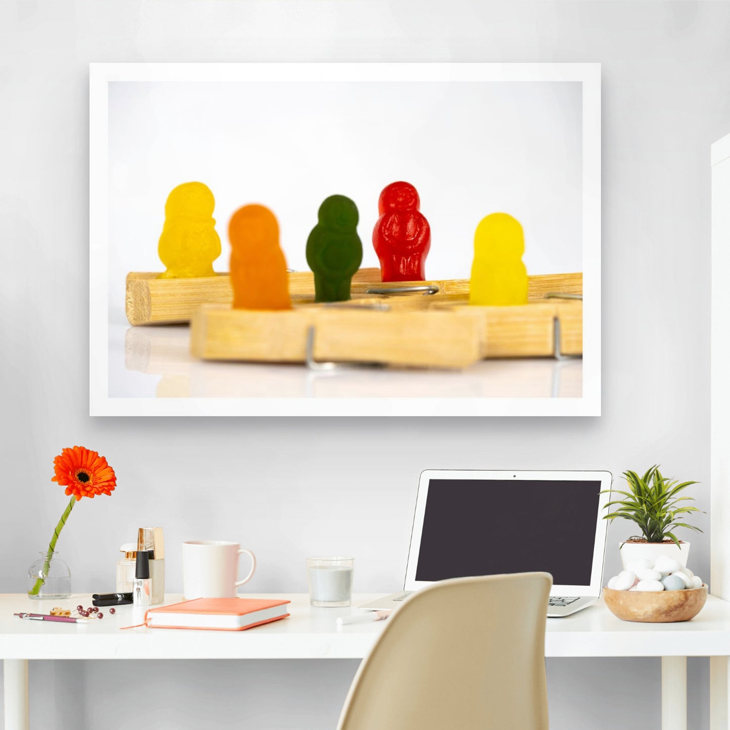 Got You Pegged - 266957v1 displayed as a large horizontal photographic artwork above a contemporary white home-office desk.