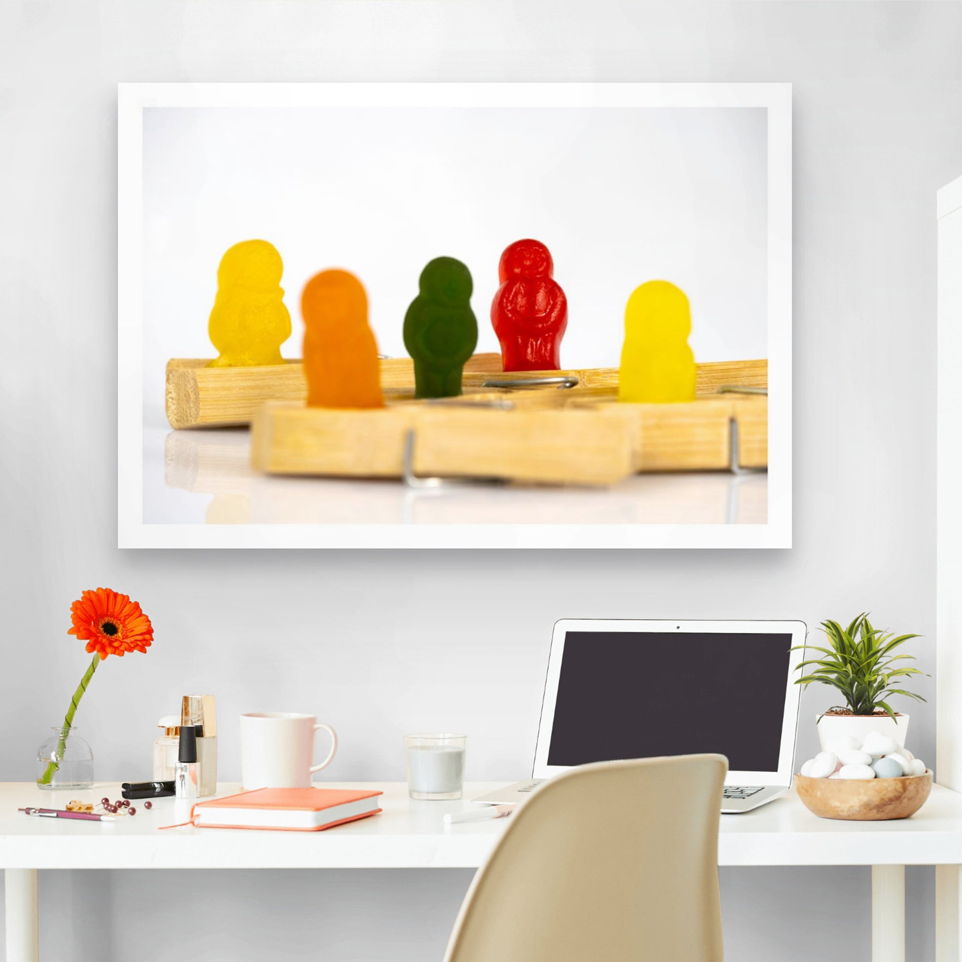 Got You Pegged - 266957v1 displayed as a large horizontal photographic artwork above a contemporary white home-office desk.