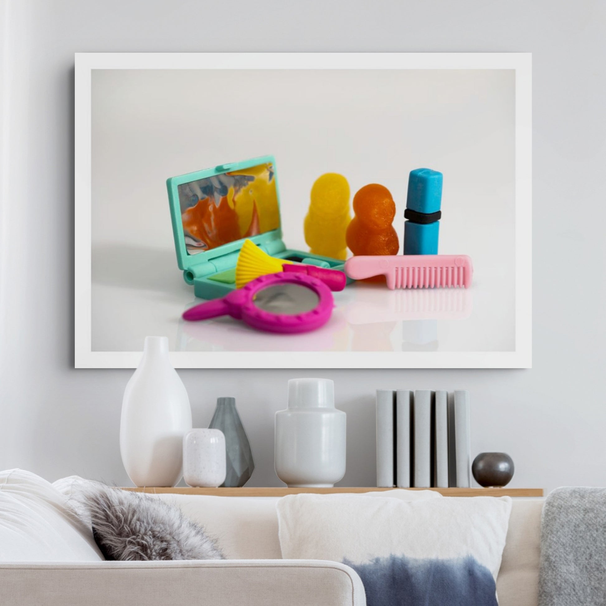 I Feel Pretty - 266713v1 displayed as a large horizontal photographic artwork above a contemporary neutral-toned living room.