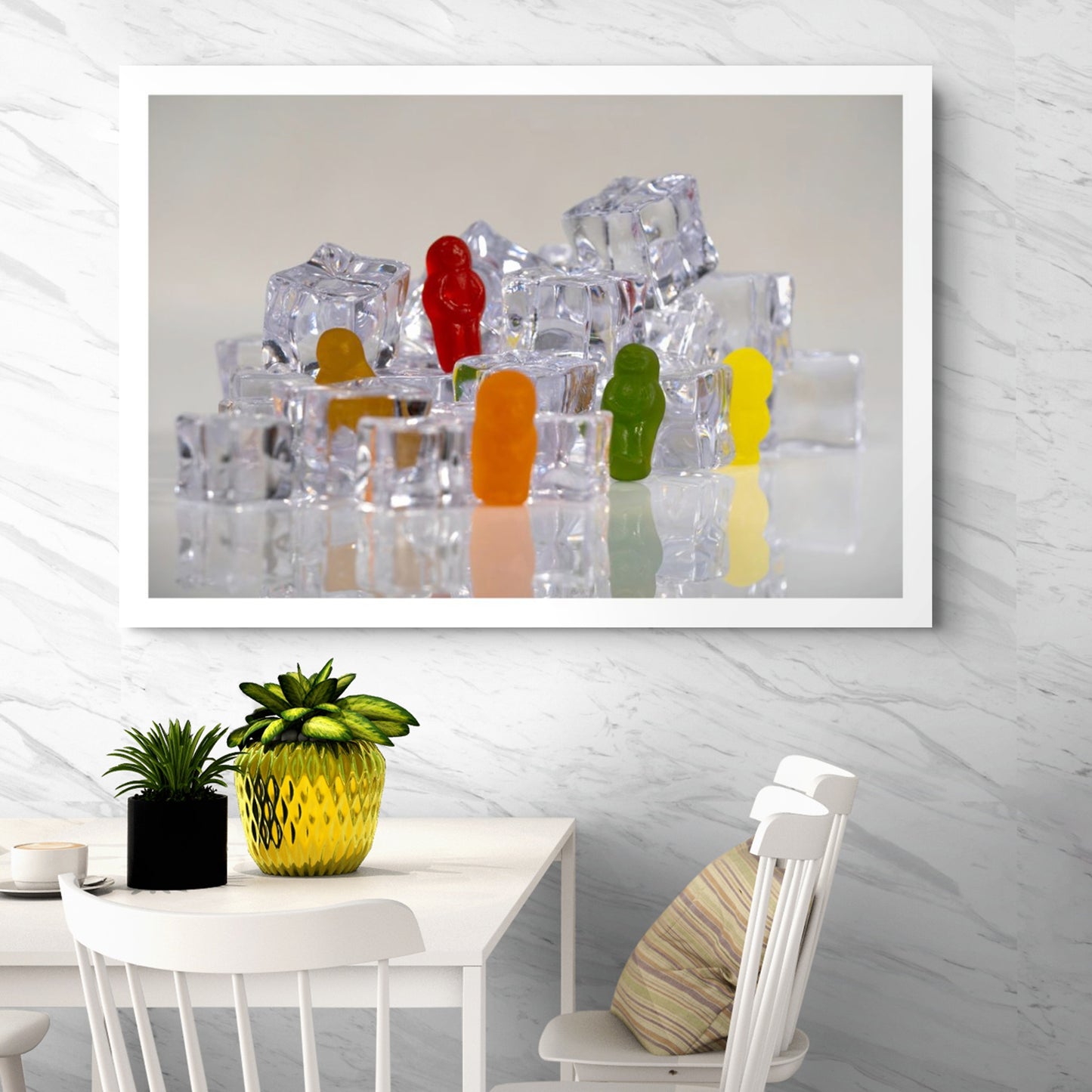 Ice Ice Baby - 266738v1 displayed as a large horizontal photographic artwork above a contemporary white dining setting.