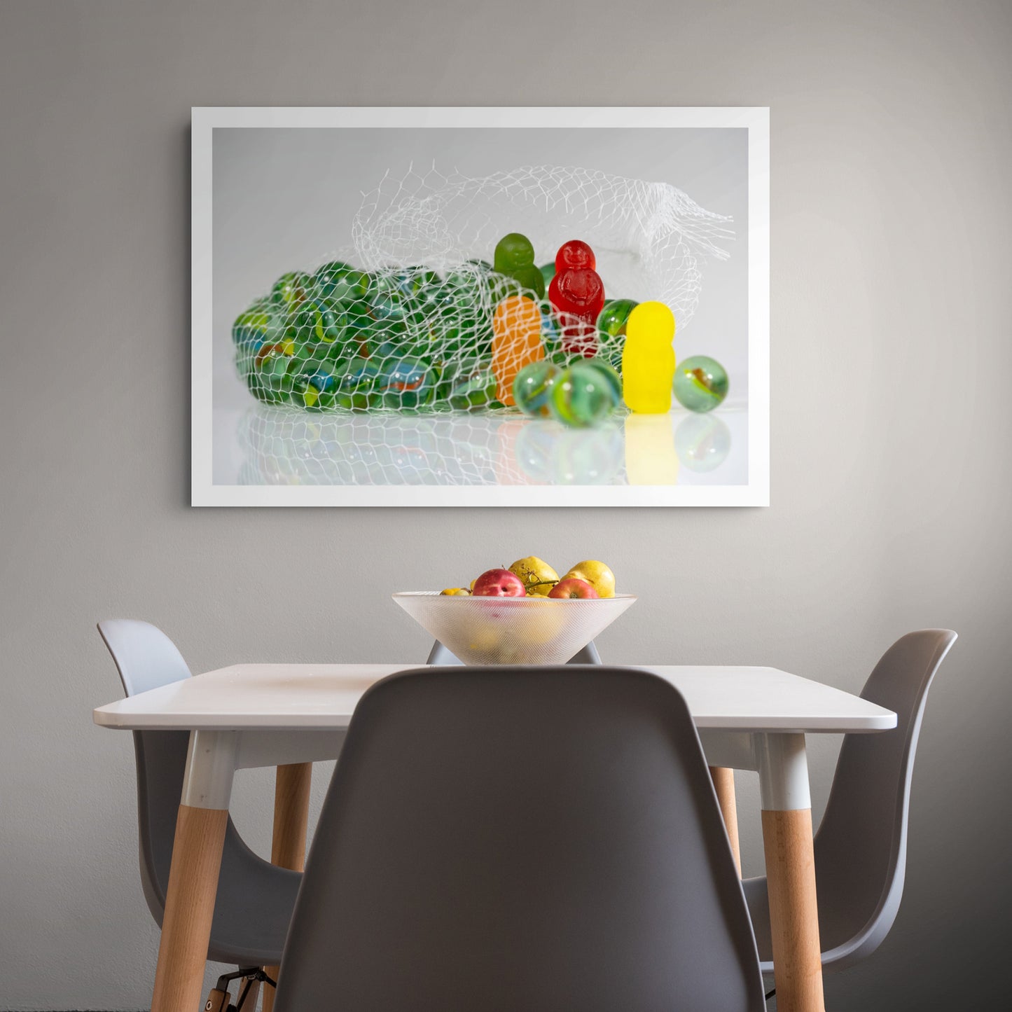 Losing Your Marbles - 266613v1 displayed as a large landscape photographic artwork above a contemporary dining table.