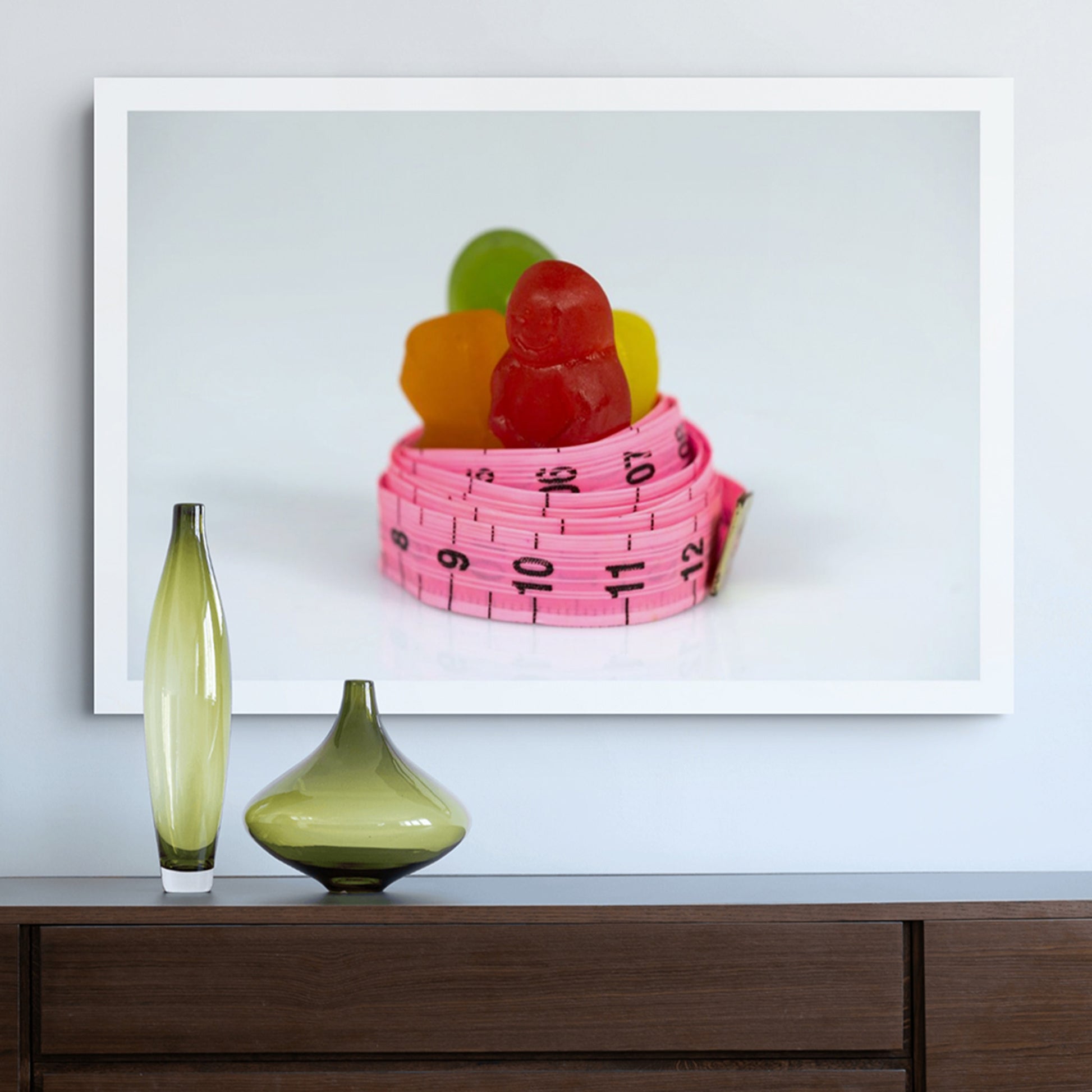 Made To Measure - 266866v1 displayed as a large landscape photographic artwork above a dark timber sideboard with green glass vessels.