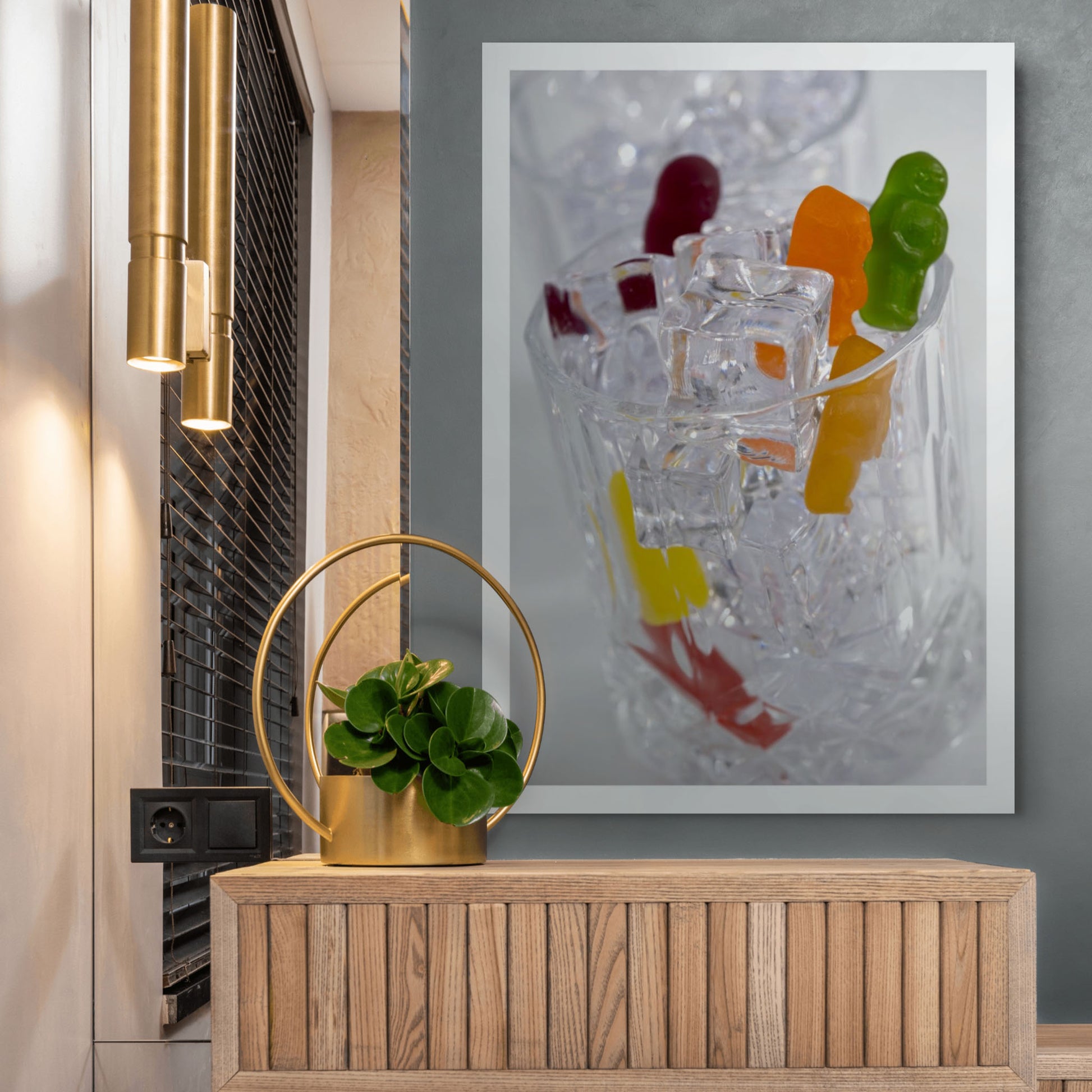 On The Rocks - 266772v1 displayed as a large portrait photographic artwork above a timber cabinet in a contemporary interior.