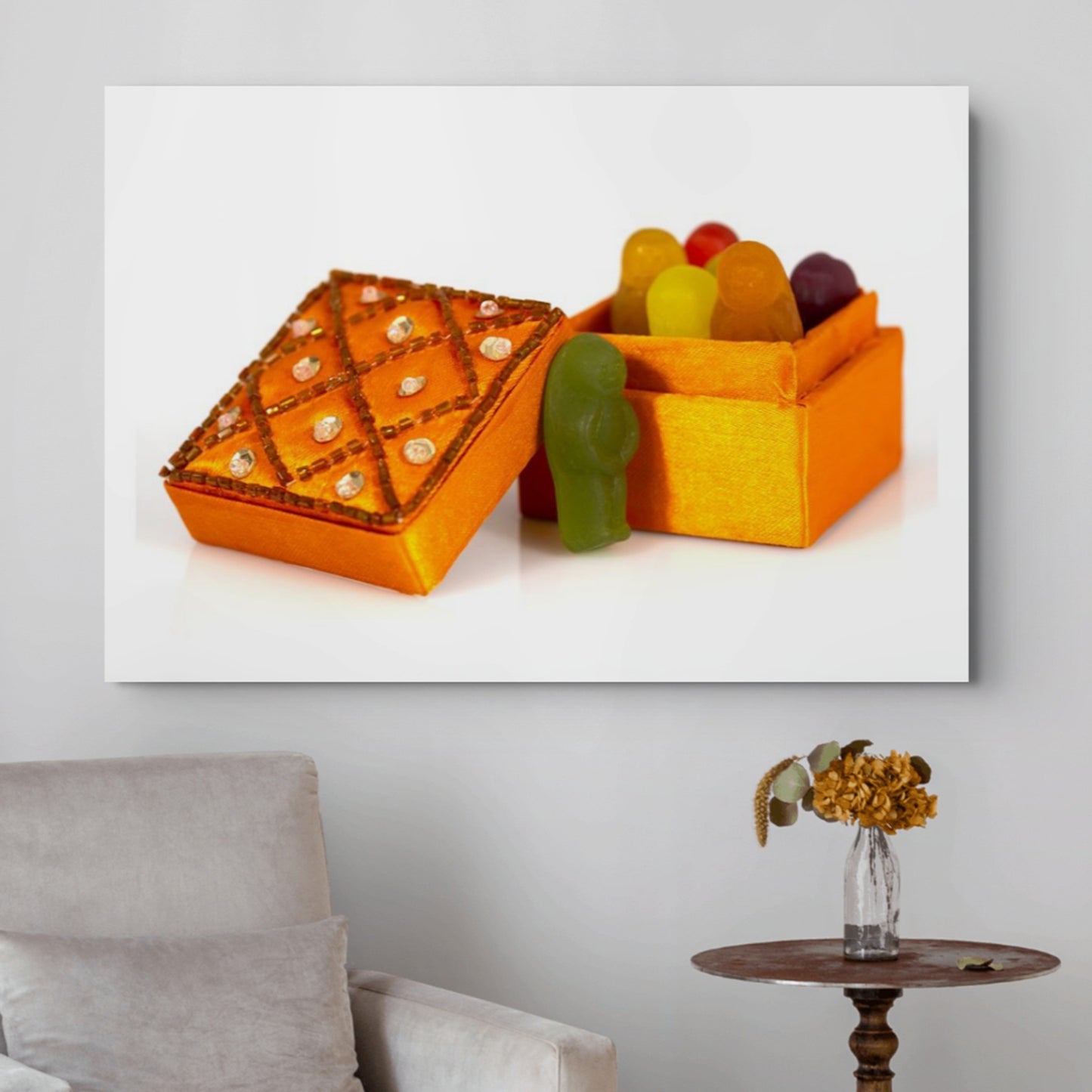 Out Of The Box - 266934v1 displayed as a large landscape photographic artwork above a chair and side table in a neutral contemporary interior.