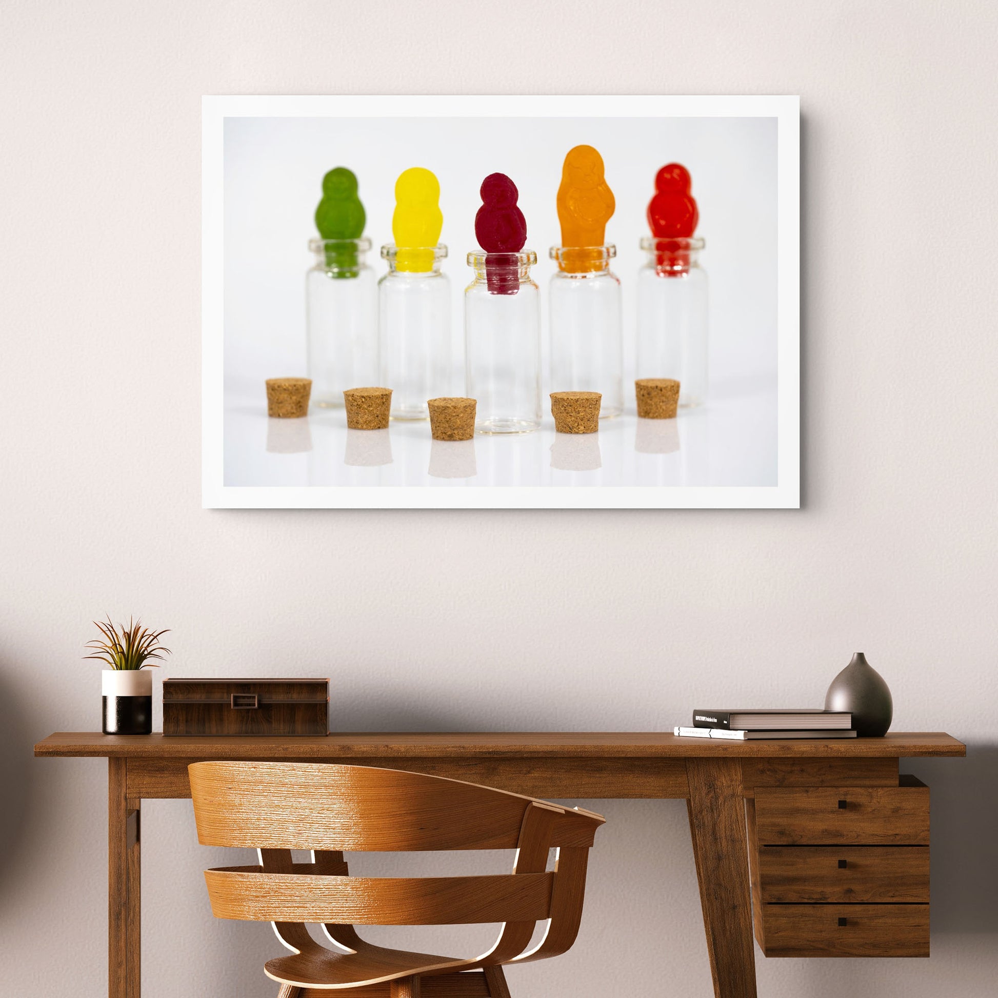 Perfect Specimens - 267041v1 displayed as a large landscape photographic artwork above a timber desk in a contemporary neutral interior.