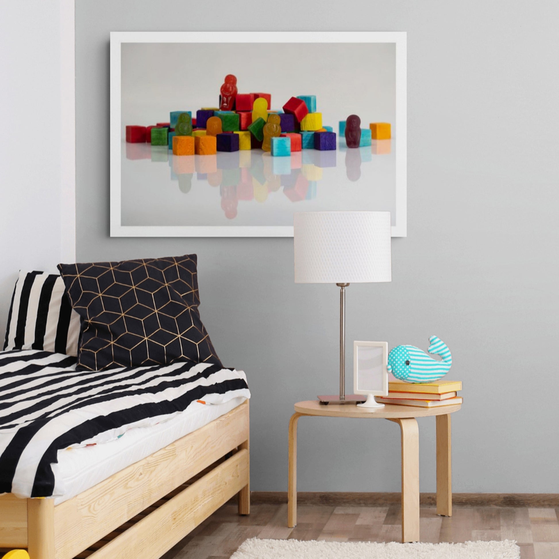 Playtime - 266698v1 displayed as a large landscape photographic artwork above a bed in a contemporary grey and timber interior.