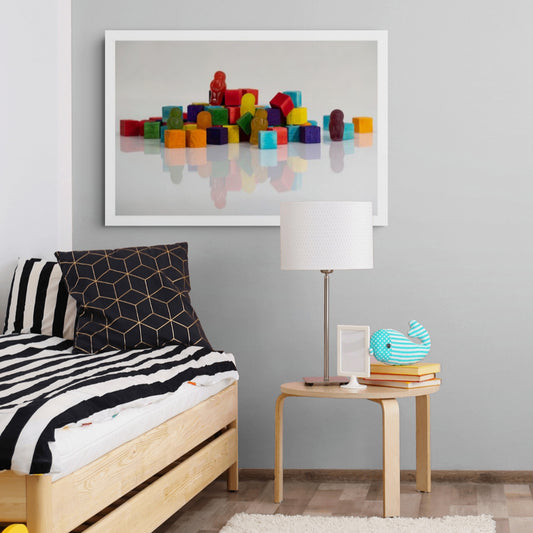 Playtime - 266698v1 displayed as a large landscape photographic artwork above a bed in a contemporary grey and timber interior.