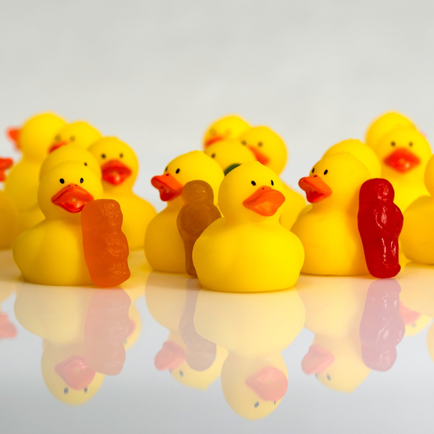 Close-up of yellow rubber ducks with orange, brown and red miniature figures reflected below.
