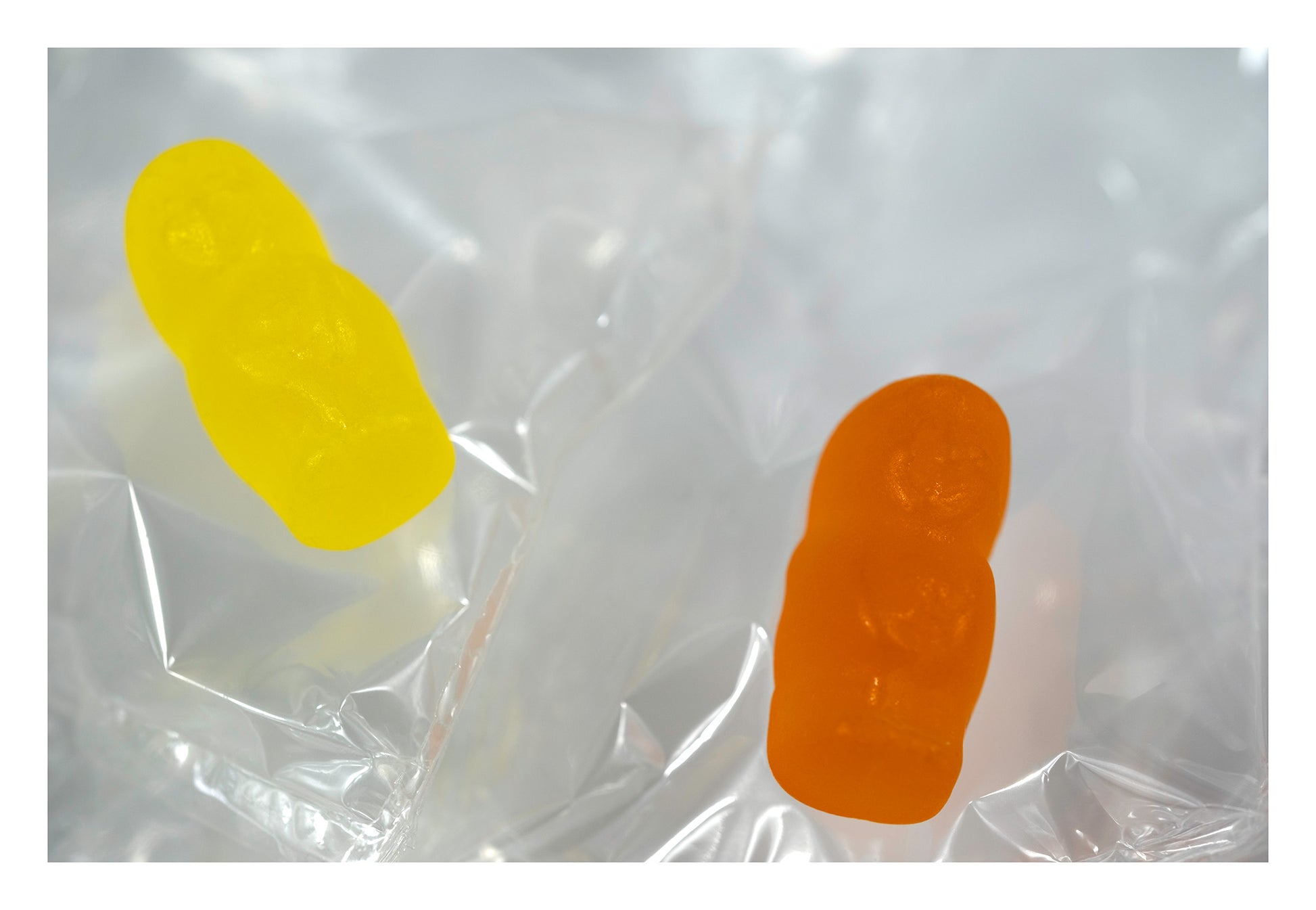 Yellow and orange translucent baby-shaped figures suspended among folds of clear crumpled material.