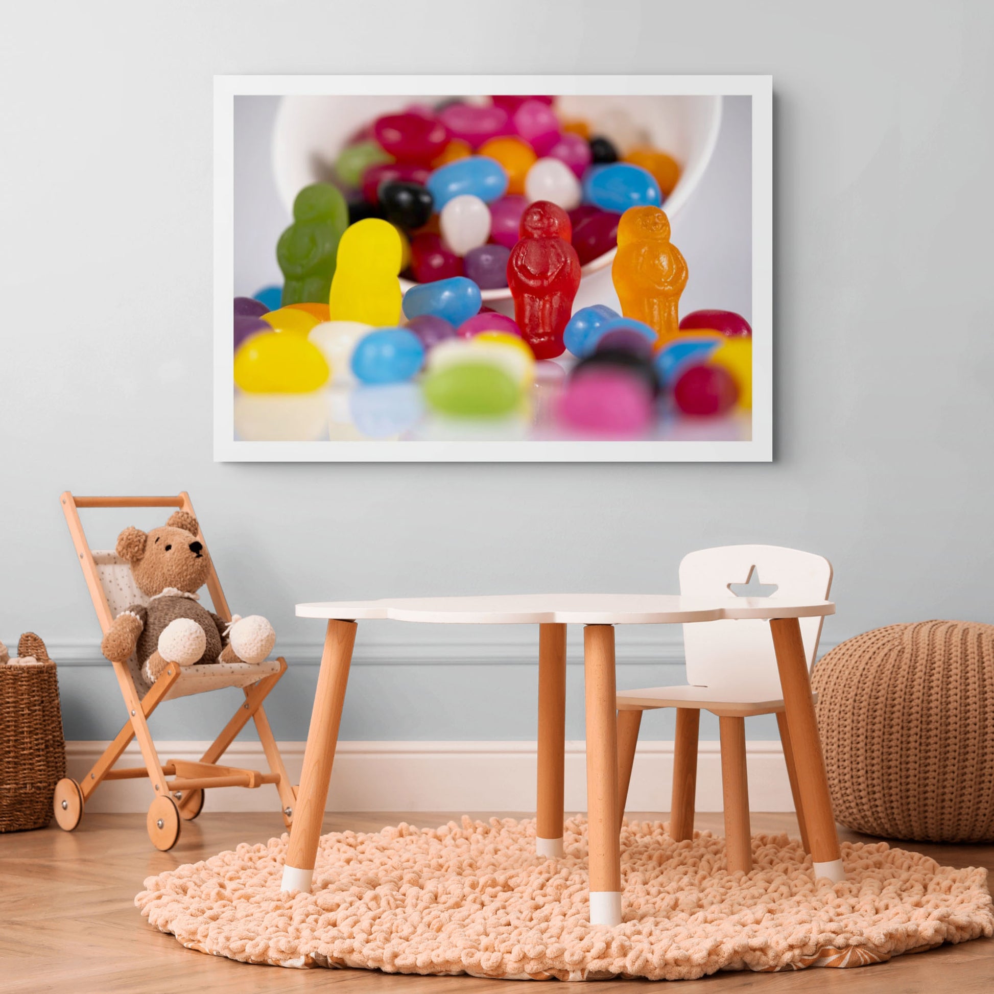 Spill the Beans - 266468v1 framed photographic artwork featuring colourful jelly baby figures and scattered jelly beans displayed in a contemporary interior.